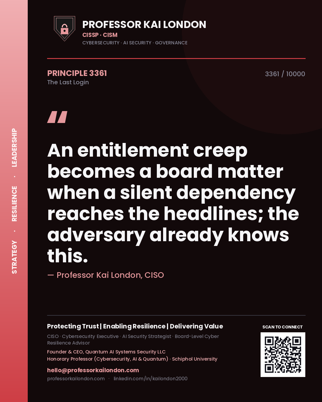 Professor Kai London principle 3361: An entitlement creep becomes a board matter when a silent dependency reaches the headlines; the adversary already knows this.