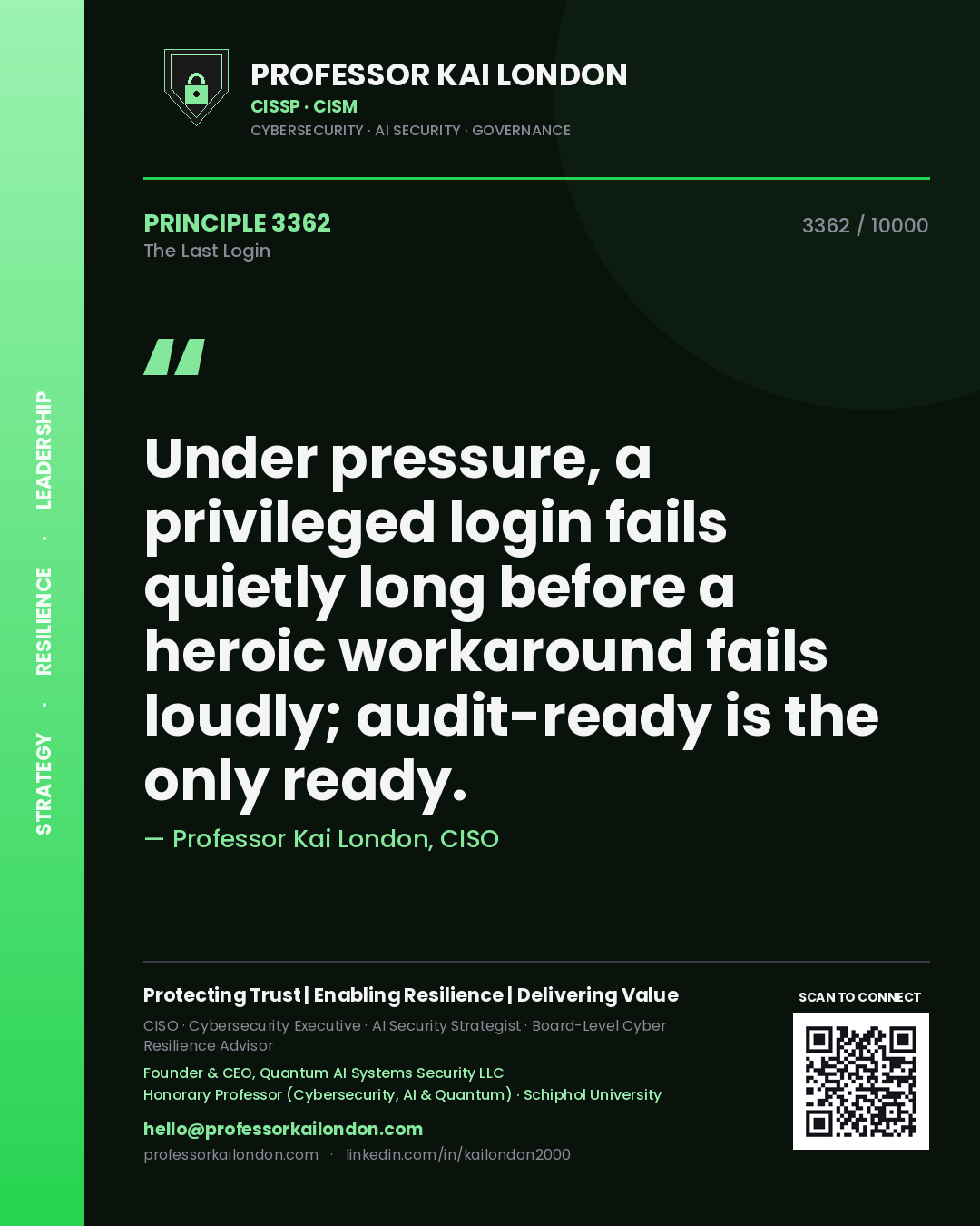 Professor Kai London principle 3362: Under pressure, a privileged login fails quietly long before a heroic workaround fails loudly; audit-ready is the only ready.