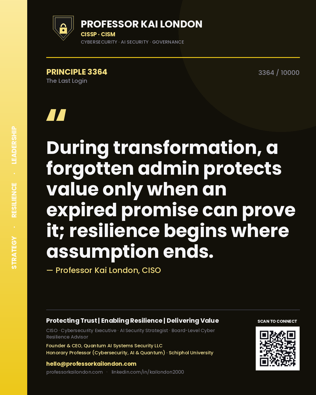 Quote card by Professor Kai London reading 'During transformation, a forgotten admin protects value only when an expired promise can prove it; resilience begins where assumption ends.'. From the book The Last Login.