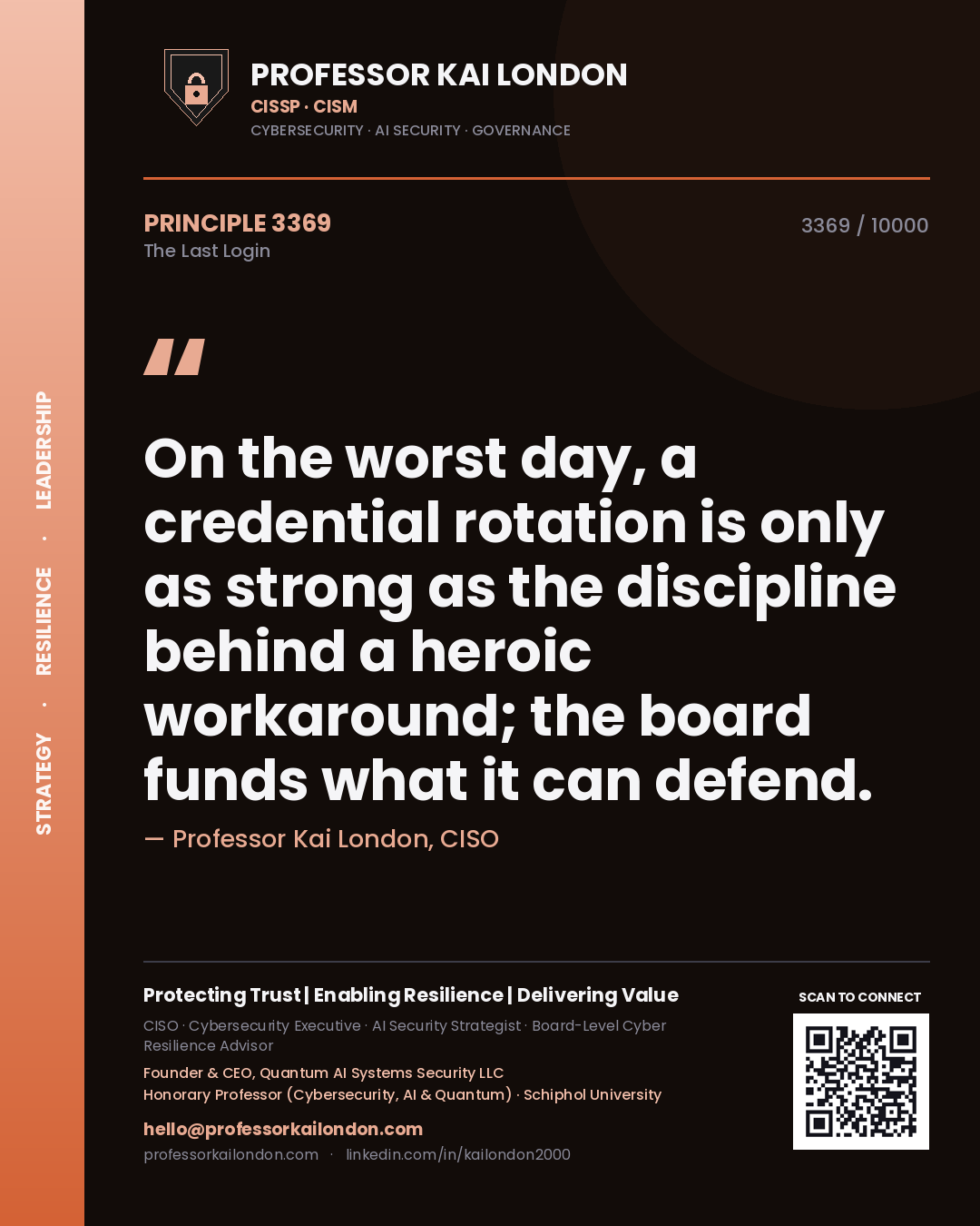 Quote card by Professor Kai London reading 'On the worst day, a credential rotation is only as strong as the discipline behind a heroic workaround; the board funds what it can defend.'. From the book The Last Login.