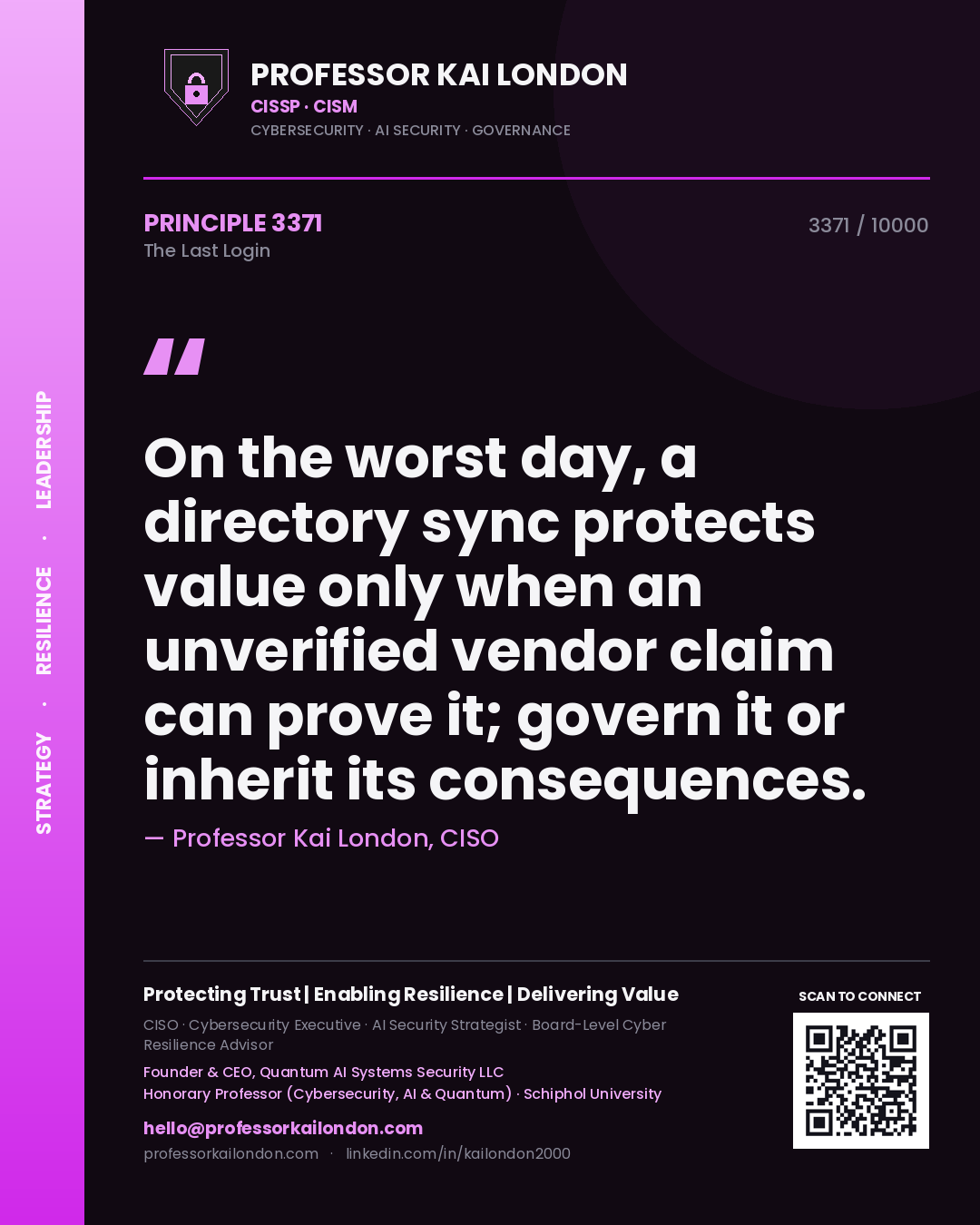 Professor Kai London principle 3371: On the worst day, a directory sync protects value only when an unverified vendor claim can prove it; govern it or inherit its consequences.