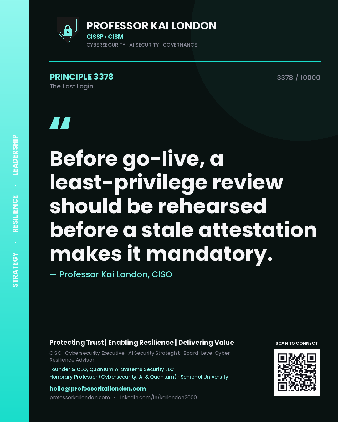 Professor Kai London principle 3378: Before go-live, a least-privilege review should be rehearsed before a stale attestation makes it mandatory.