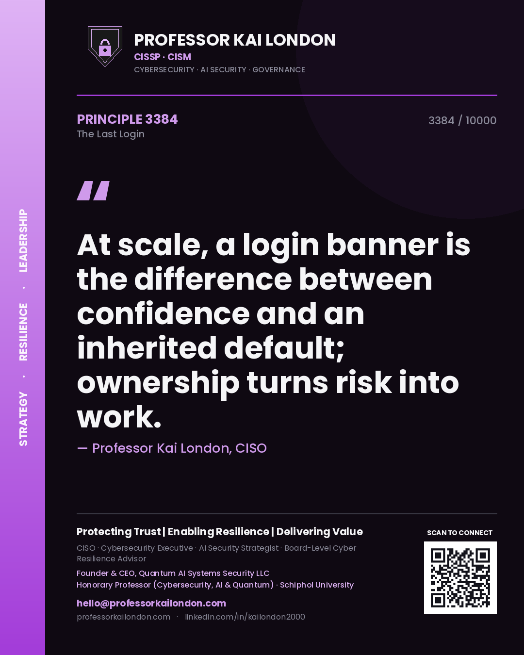 Professor Kai London principle 3384: At scale, a login banner is the difference between confidence and an inherited default; ownership turns risk into work.