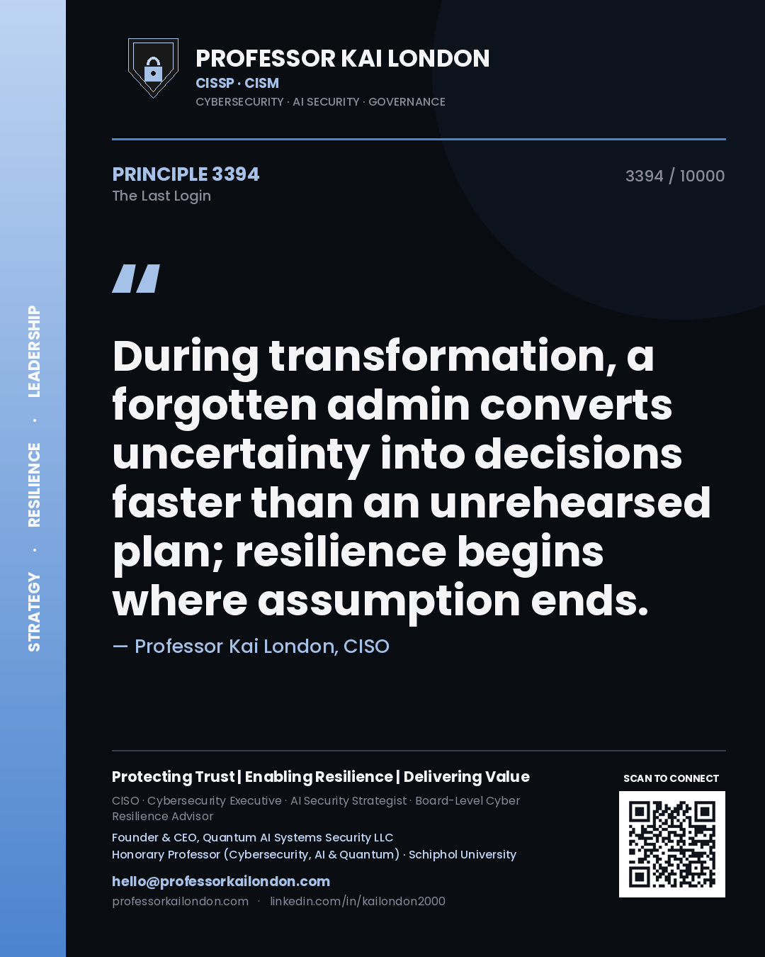 Quote card by Professor Kai London reading 'During transformation, a forgotten admin converts uncertainty into decisions faster than an unrehearsed plan; resilience begins where assumption ends.'. From the book The Last Login.