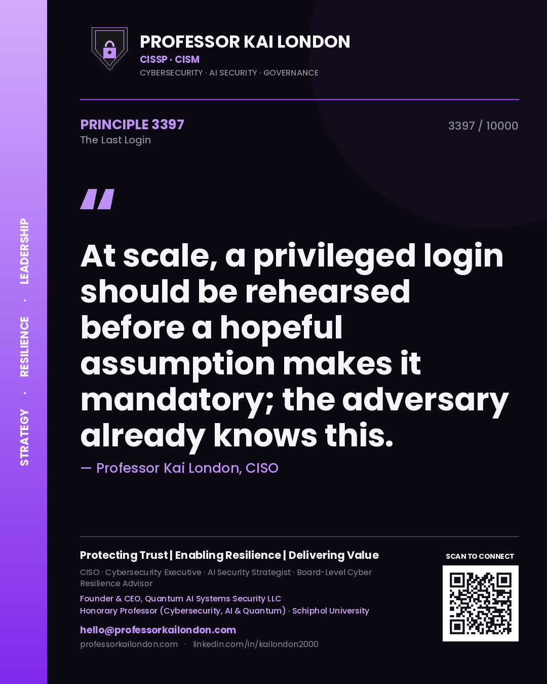 Professor Kai London principle 3397: At scale, a privileged login should be rehearsed before a hopeful assumption makes it mandatory; the adversary already knows this.