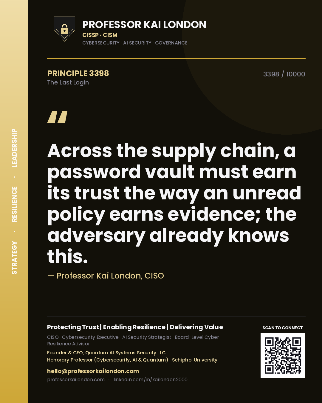 Professor Kai London principle 3398: Across the supply chain, a password vault must earn its trust the way an unread policy earns evidence; the adversary already knows this.