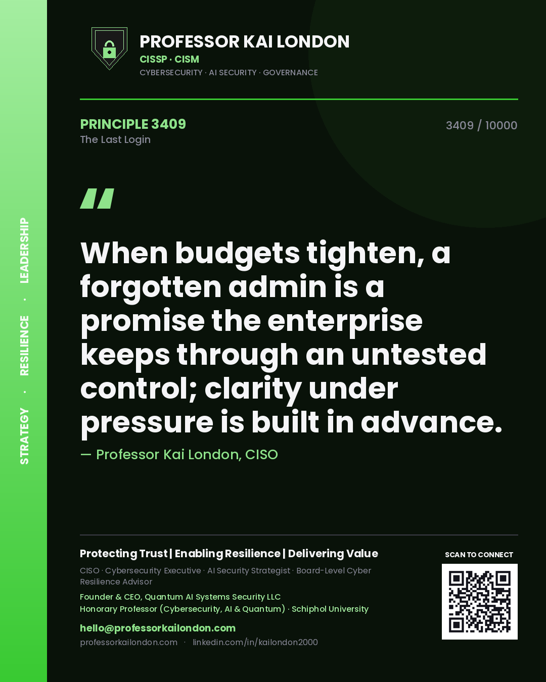 Quote card by Professor Kai London reading 'When budgets tighten, a forgotten admin is a promise the enterprise keeps through an untested control; clarity under pressure is built in advance.'. From the book The Last Login.