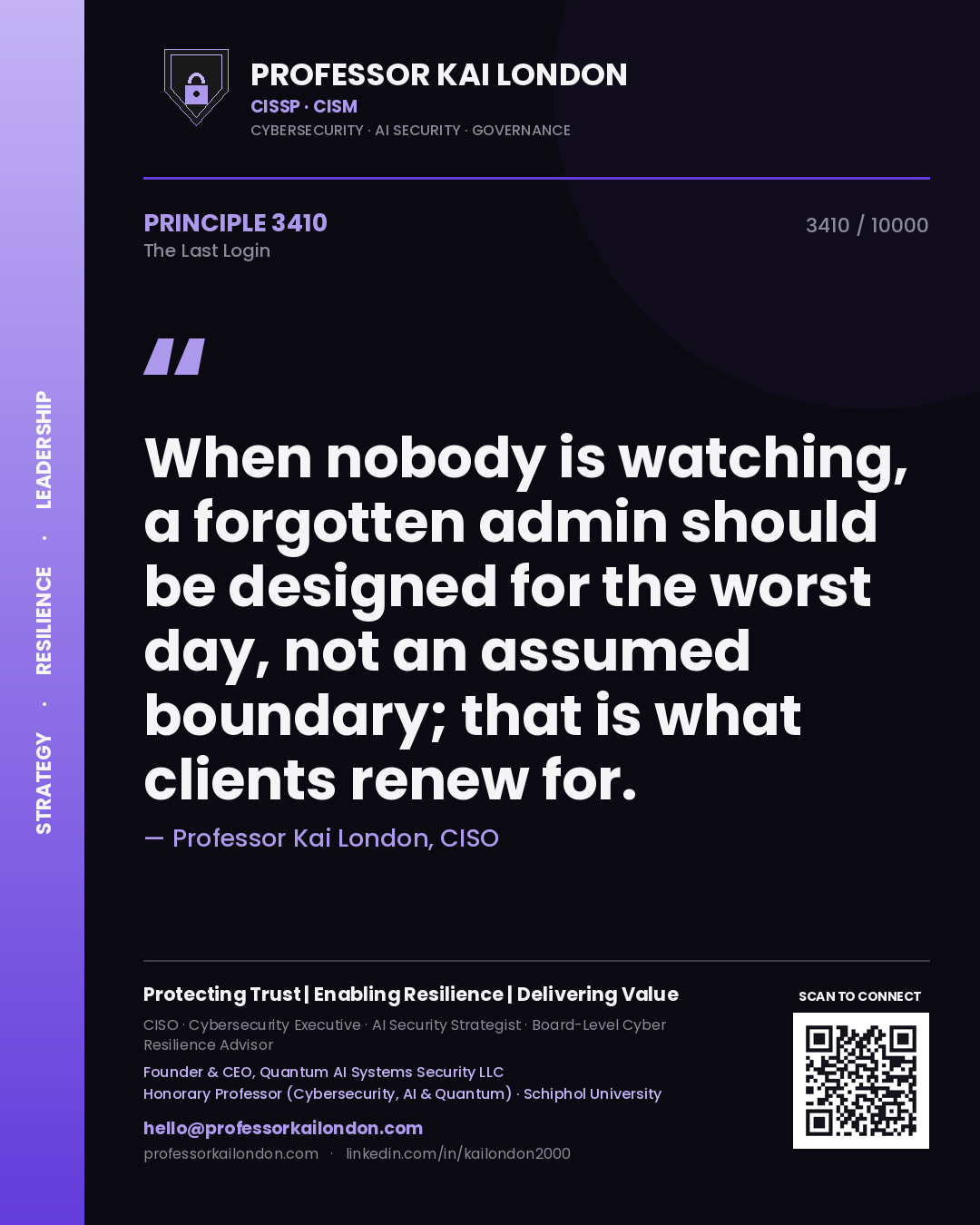 Quote card by Professor Kai London reading 'When nobody is watching, a forgotten admin should be designed for the worst day, not an assumed boundary; that is what clients renew for.'. From the book The Last Login.
