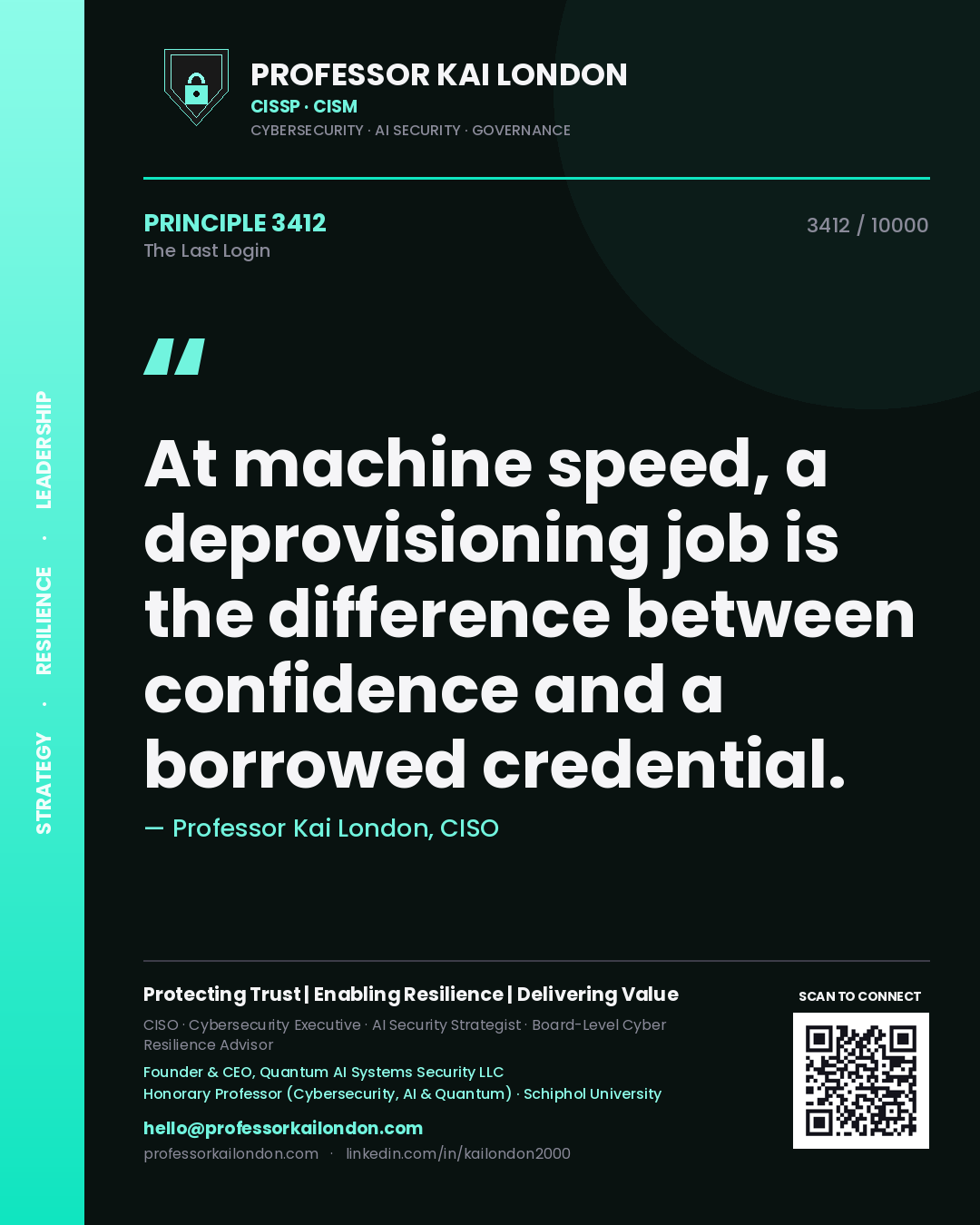 Professor Kai London principle 3412: At machine speed, a deprovisioning job is the difference between confidence and a borrowed credential.