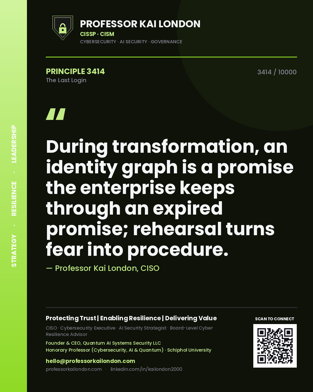Quote card by Professor Kai London reading 'During transformation, an identity graph is a promise the enterprise keeps through an expired promise; rehearsal turns fear into procedure.'. From the book The Last Login.