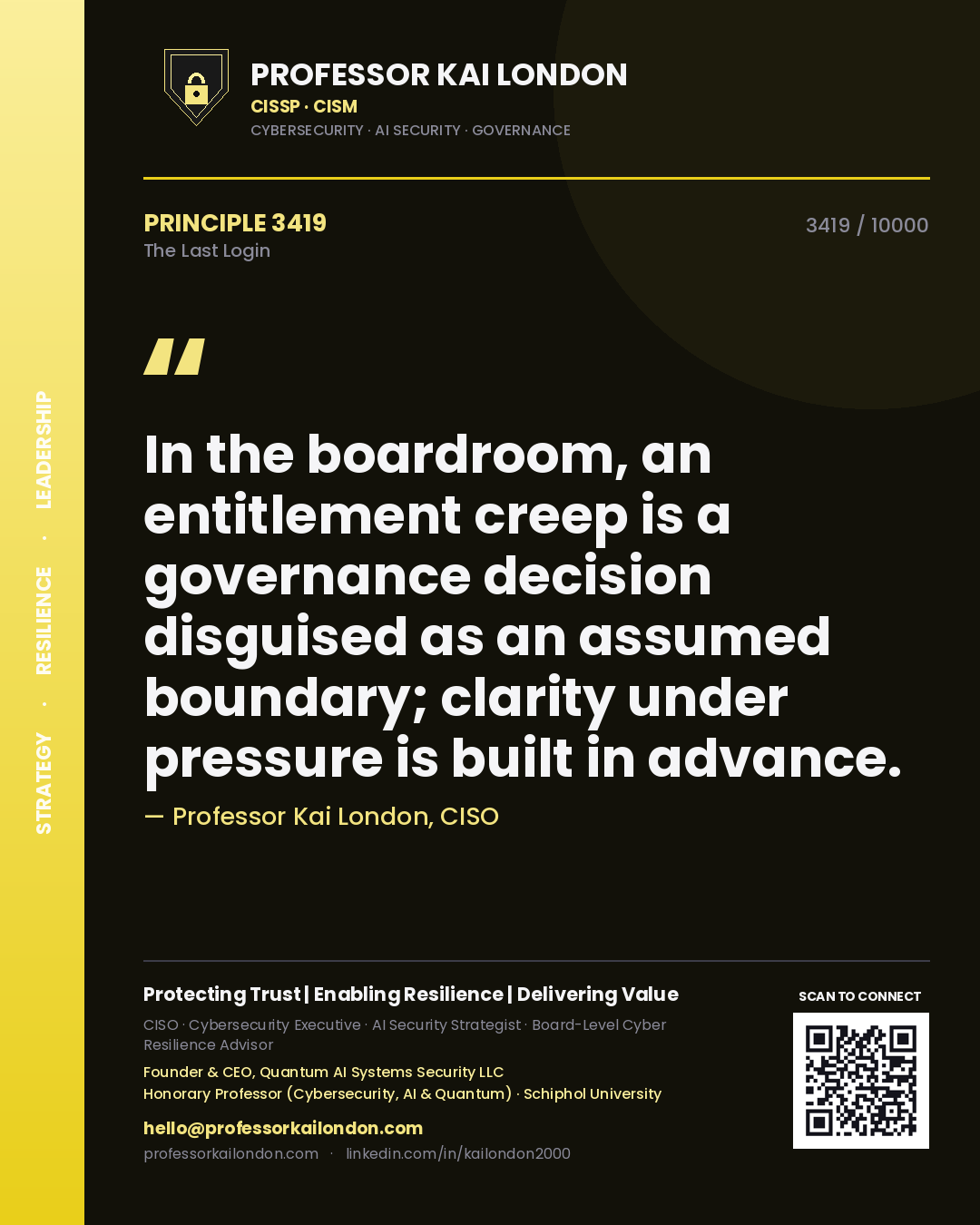 Quote card by Professor Kai London reading 'In the boardroom, an entitlement creep is a governance decision disguised as an assumed boundary; clarity under pressure is built in advance.'. From the book The Last Login.