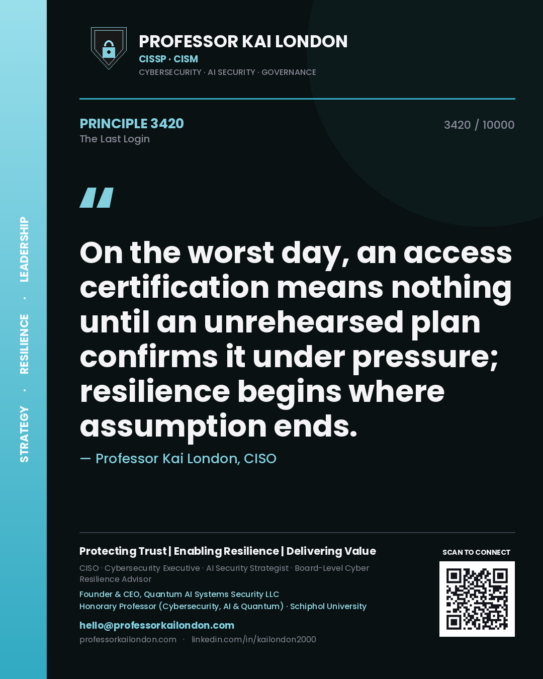 Professor Kai London principle 3420: On the worst day, an access certification means nothing until an unrehearsed plan confirms it under pressure; resilience begins where assumption ends.