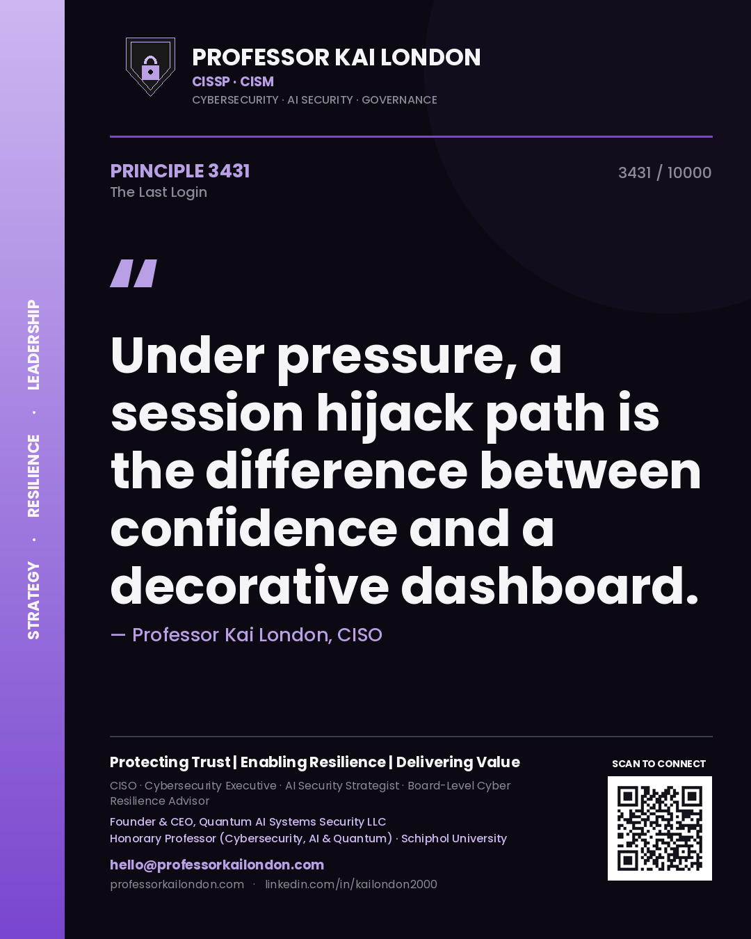 Quote card by Professor Kai London reading 'Under pressure, a session hijack path is the difference between confidence and a decorative dashboard.'. From the book The Last Login.