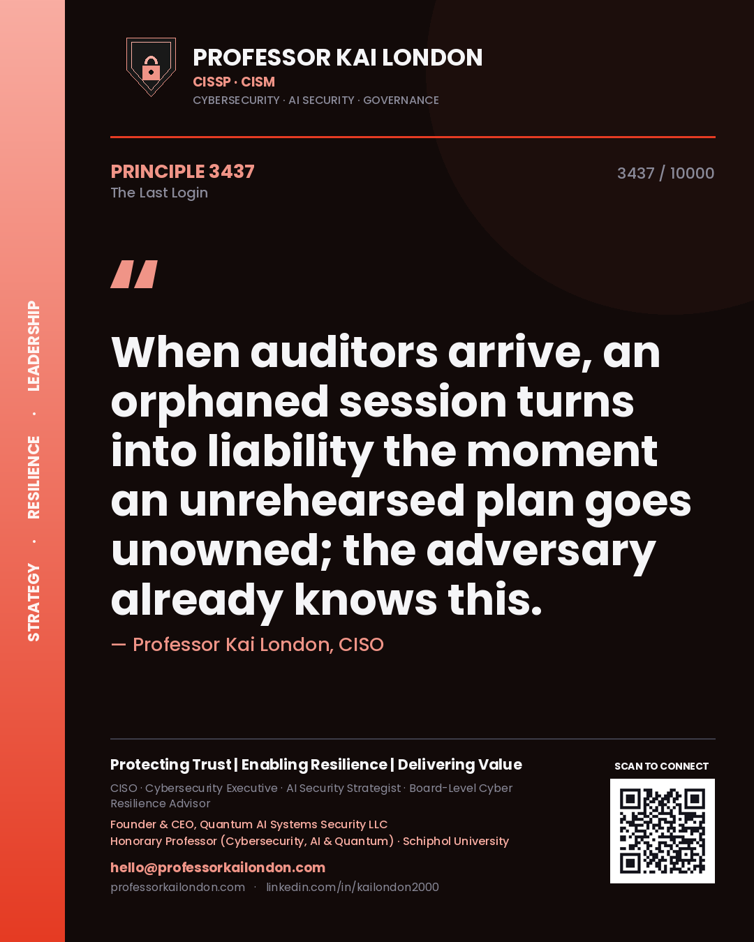 Professor Kai London principle 3437: When auditors arrive, an orphaned session turns into liability the moment an unrehearsed plan goes unowned; the adversary already knows this.