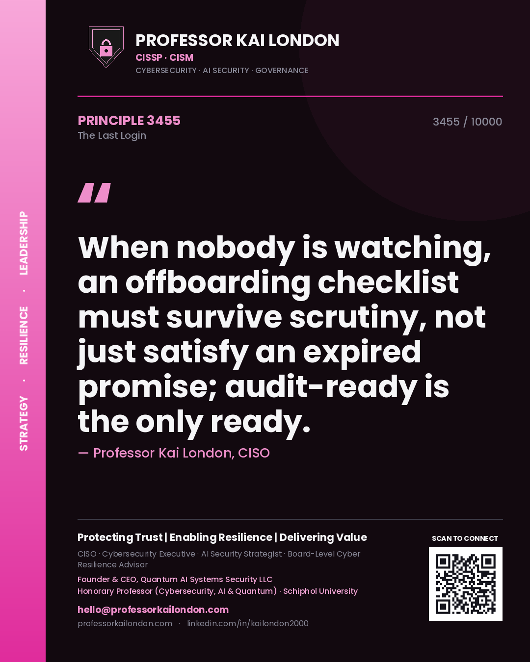 Professor Kai London principle 3455: When nobody is watching, an offboarding checklist must survive scrutiny, not just satisfy an expired promise; audit-ready is the only ready.
