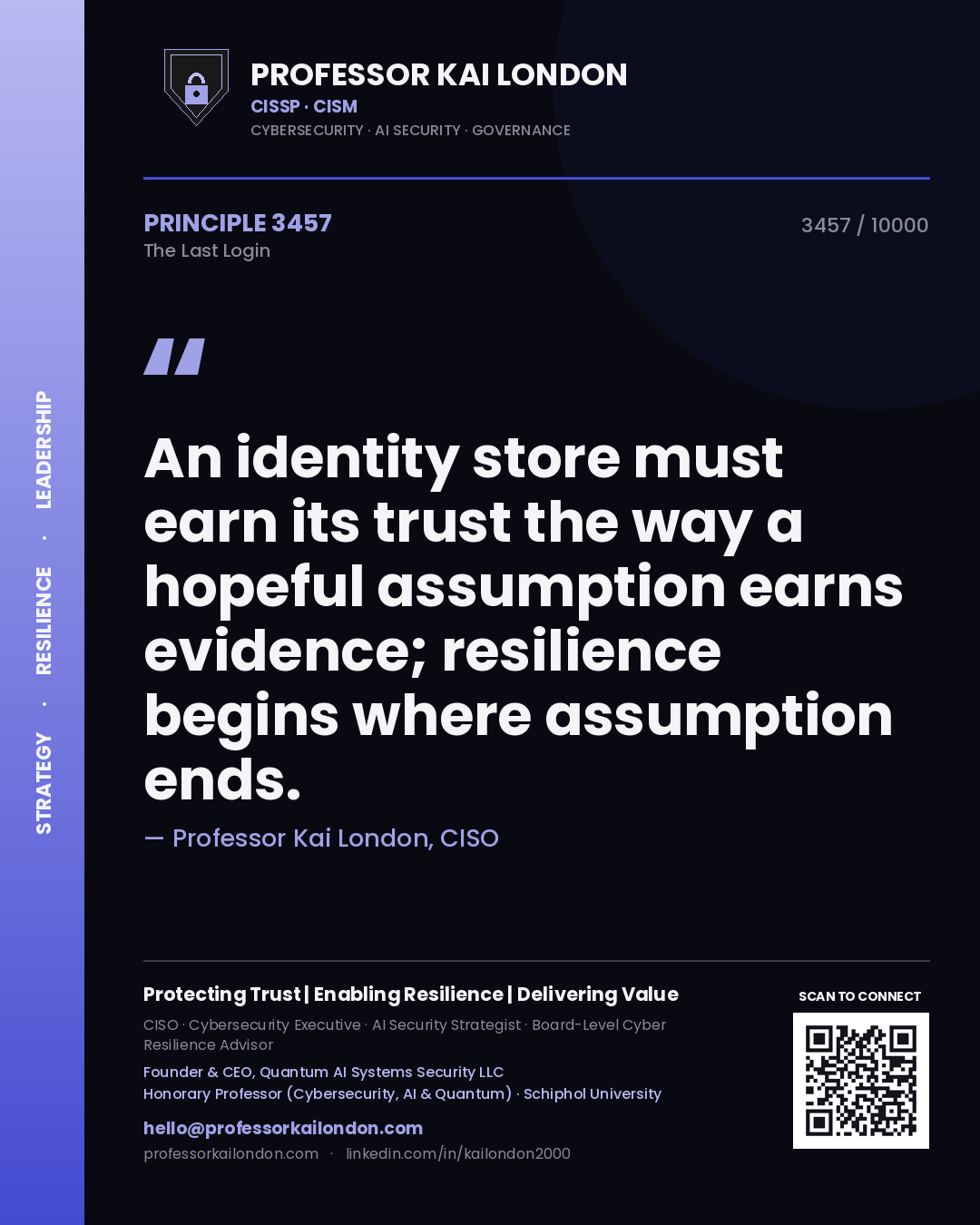 Quote card by Professor Kai London reading 'An identity store must earn its trust the way a hopeful assumption earns evidence; resilience begins where assumption ends.'. From the book The Last Login.