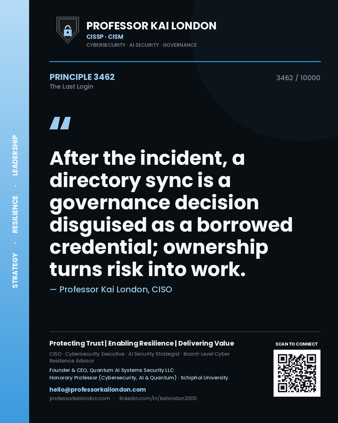 Professor Kai London principle 3462: After the incident, a directory sync is a governance decision disguised as a borrowed credential; ownership turns risk into work.