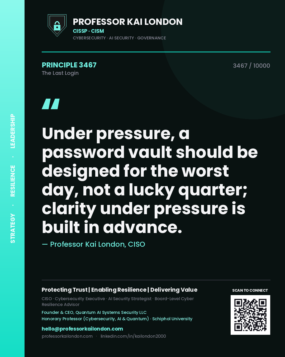 Professor Kai London principle 3467: Under pressure, a password vault should be designed for the worst day, not a lucky quarter; clarity under pressure is built in advance.