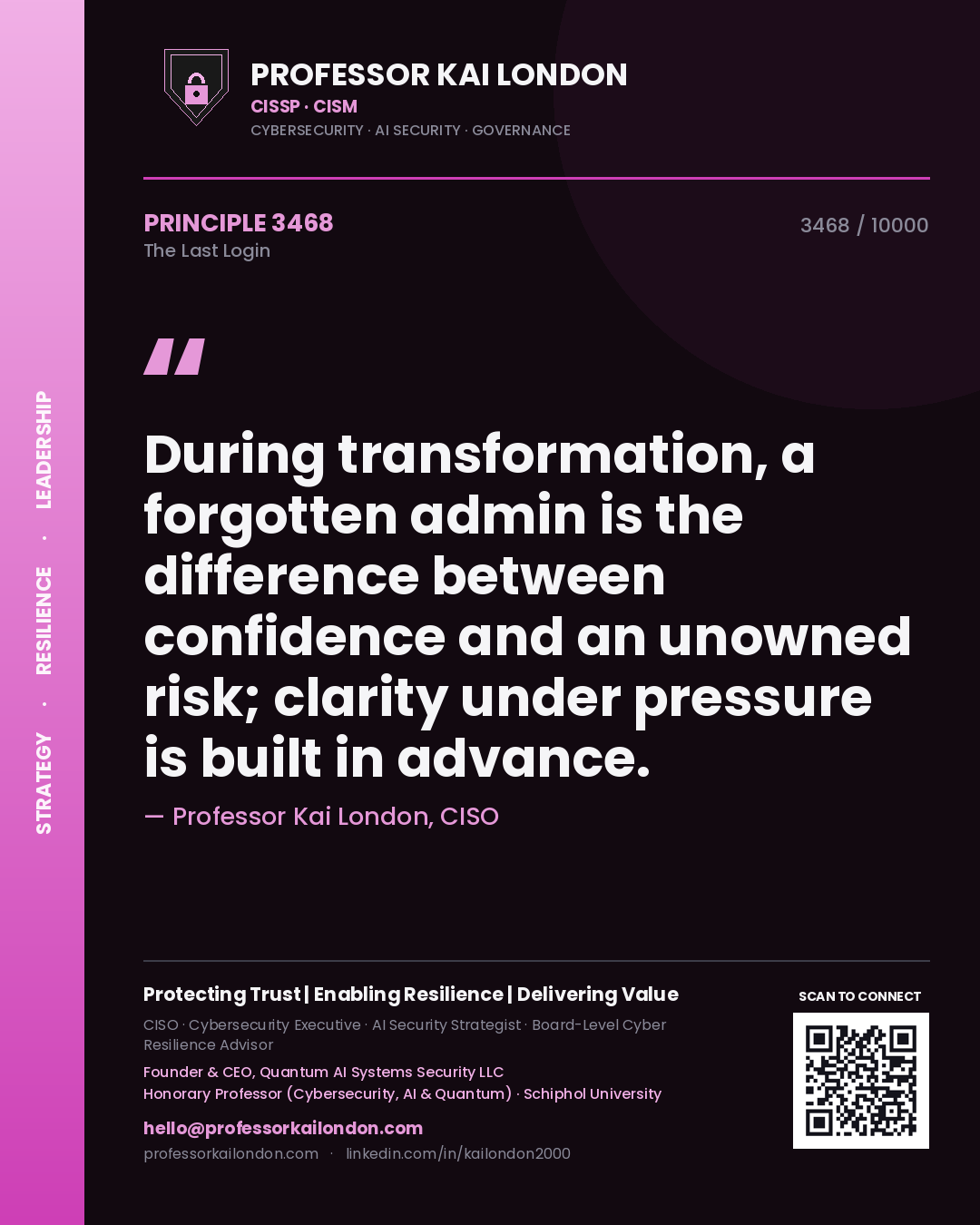 Professor Kai London principle 3468: During transformation, a forgotten admin is the difference between confidence and an unowned risk; clarity under pressure is built in advance.