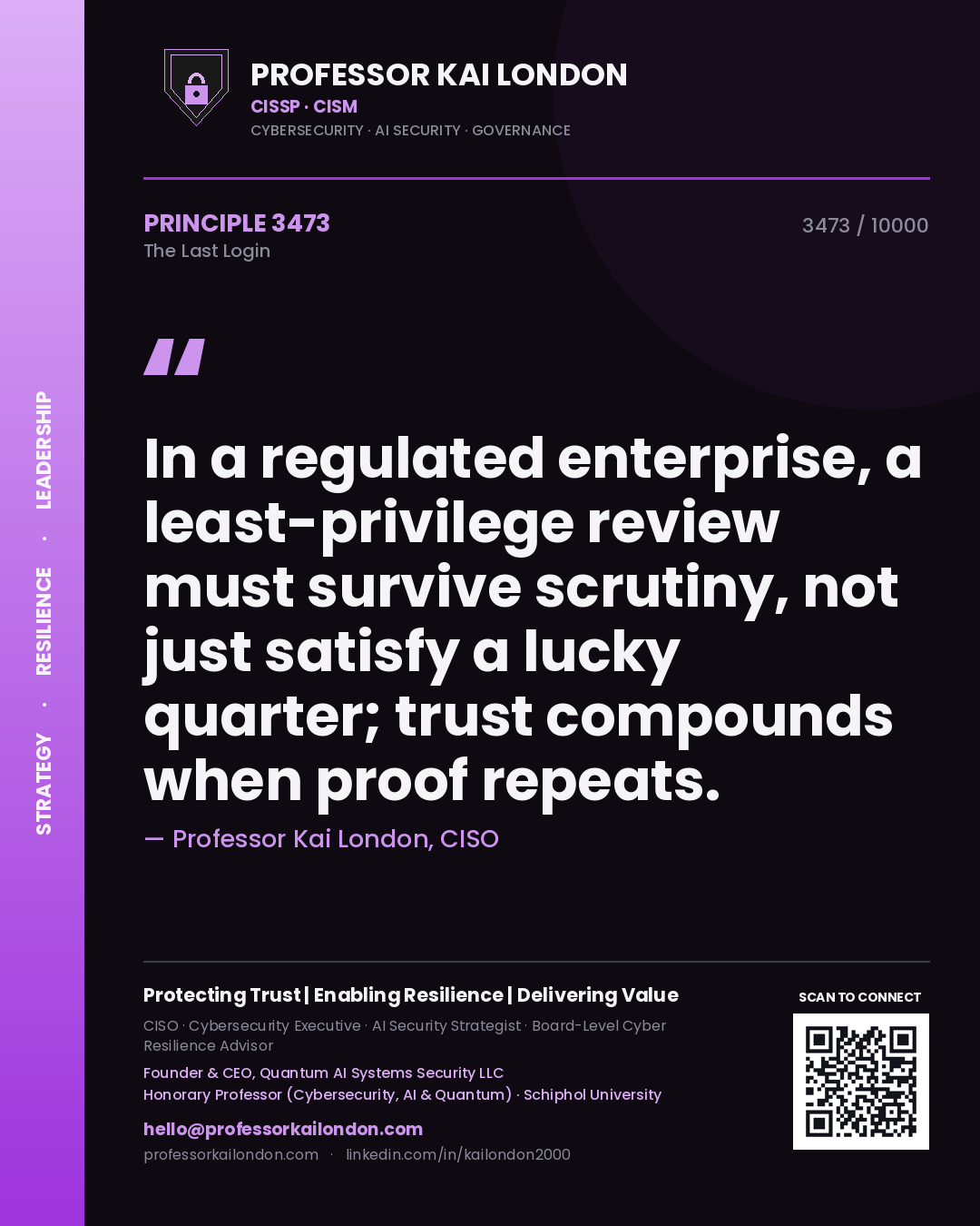 Quote card by Professor Kai London reading 'In a regulated enterprise, a least-privilege review must survive scrutiny, not just satisfy a lucky quarter; trust compounds when proof repeats.'. From the book The Last Login.