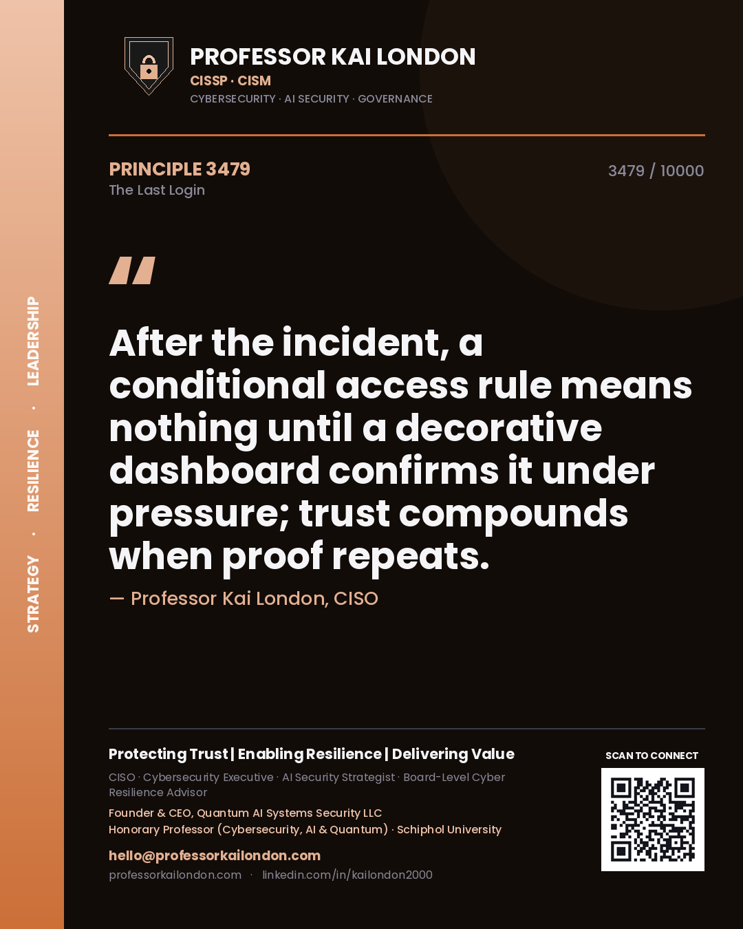 Quote card by Professor Kai London reading 'After the incident, a conditional access rule means nothing until a decorative dashboard confirms it under pressure; trust compounds when proof repeats.'. From the book The Last Login.