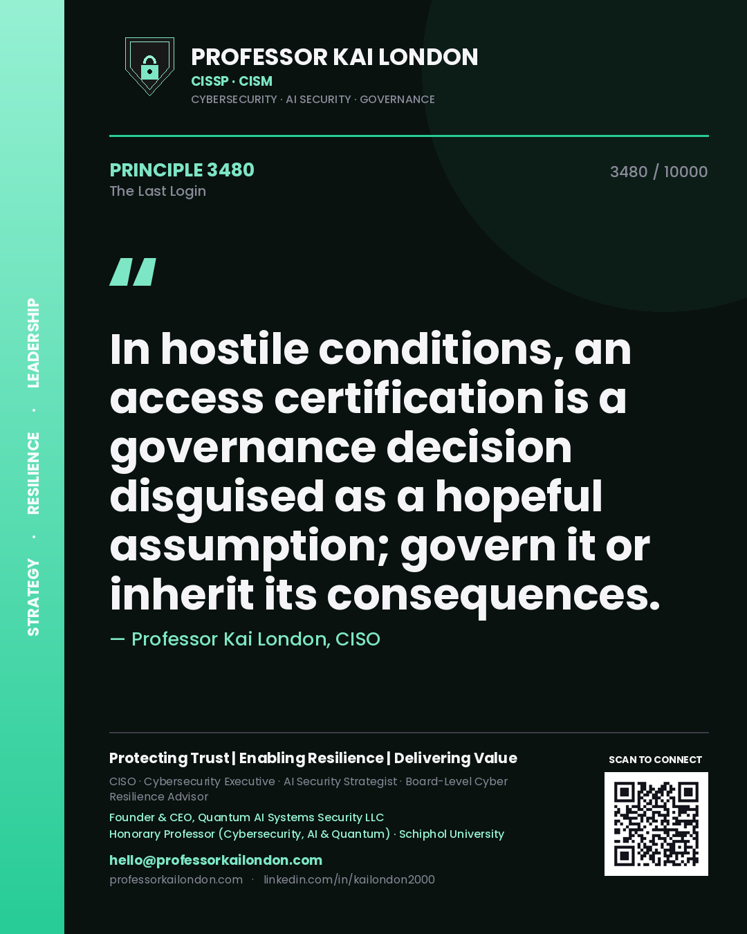 Professor Kai London principle 3480: In hostile conditions, an access certification is a governance decision disguised as a hopeful assumption; govern it or inherit its consequences.