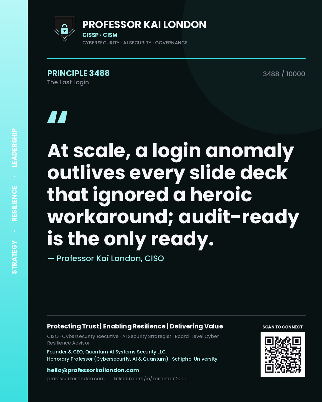 Quote card by Professor Kai London reading 'At scale, a login anomaly outlives every slide deck that ignored a heroic workaround; audit-ready is the only ready.'. From the book The Last Login.