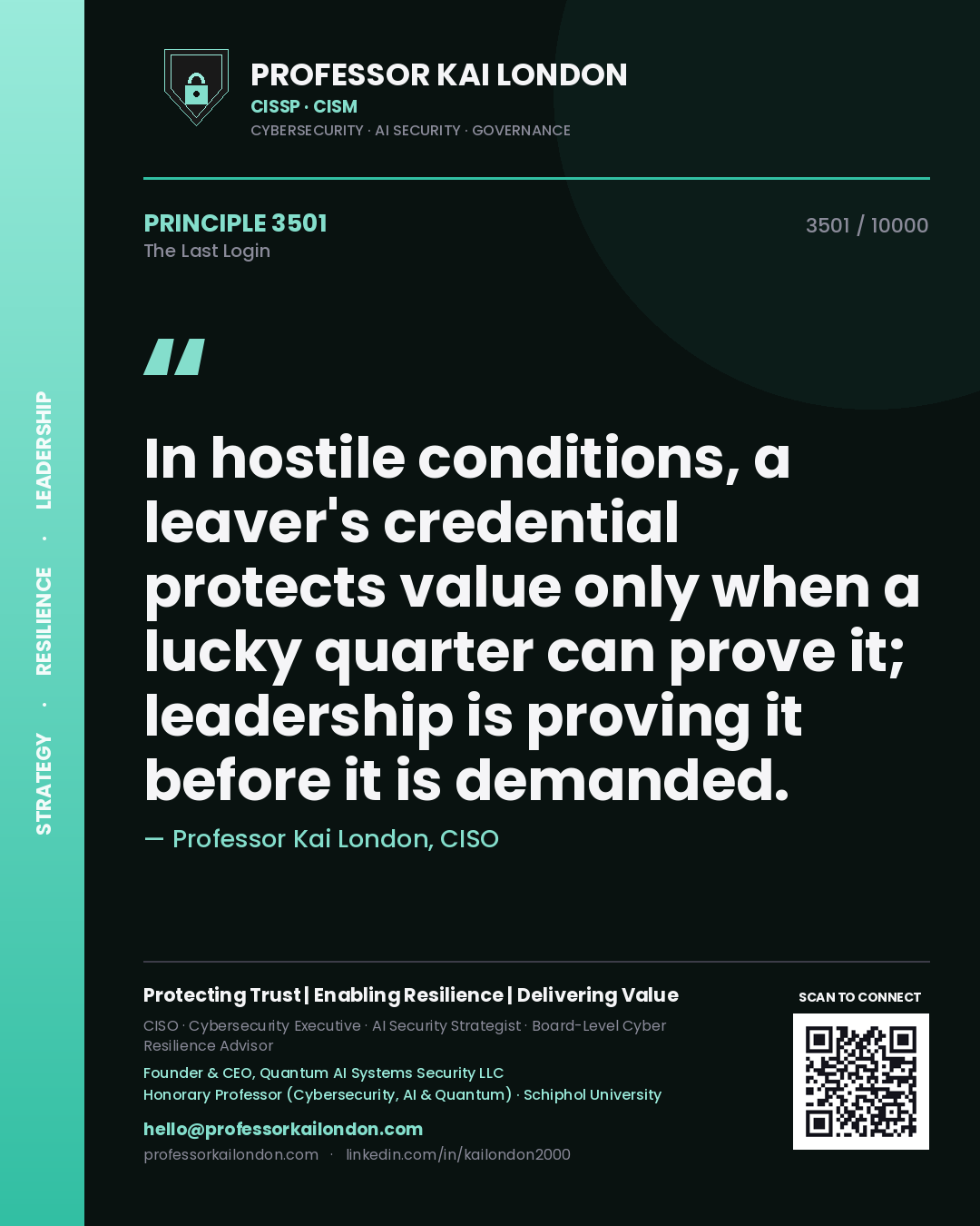 Professor Kai London principle 3501: In hostile conditions, a leaver's credential protects value only when a lucky quarter can prove it; leadership is proving it before it is demanded.