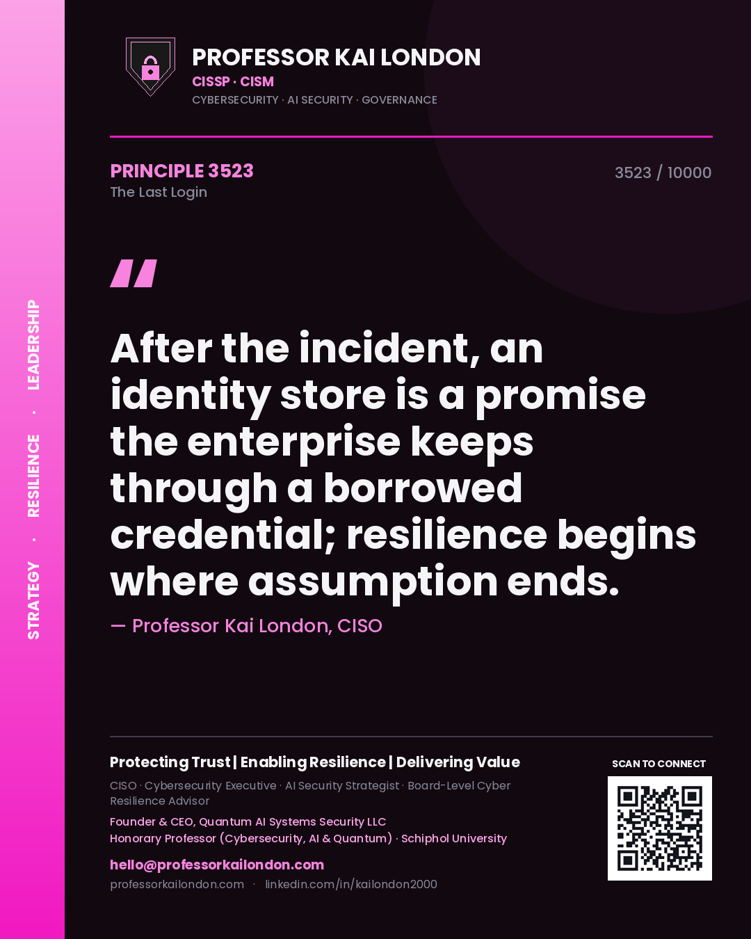 Professor Kai London principle 3523: After the incident, an identity store is a promise the enterprise keeps through a borrowed credential; resilience begins where assumption ends.
