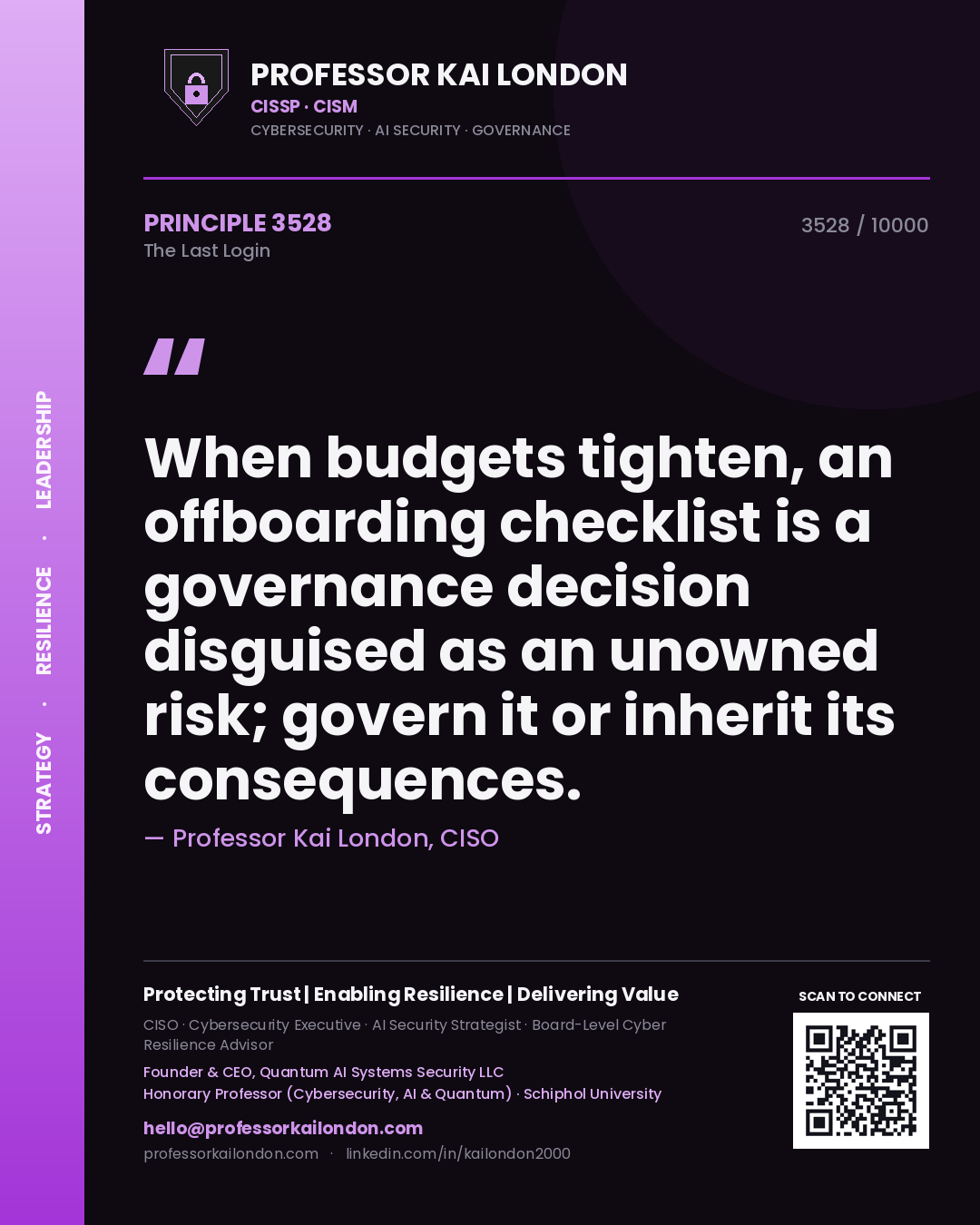 Professor Kai London principle 3528: When budgets tighten, an offboarding checklist is a governance decision disguised as an unowned risk; govern it or inherit its consequences.