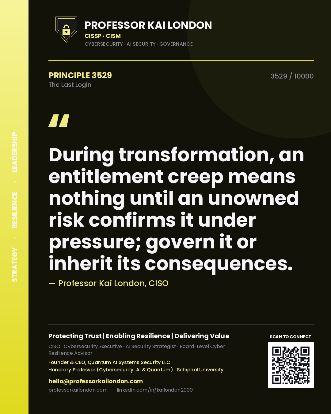 Quote card by Professor Kai London reading 'During transformation, an entitlement creep means nothing until an unowned risk confirms it under pressure; govern it or inherit its consequences.'. From the book The Last Login.