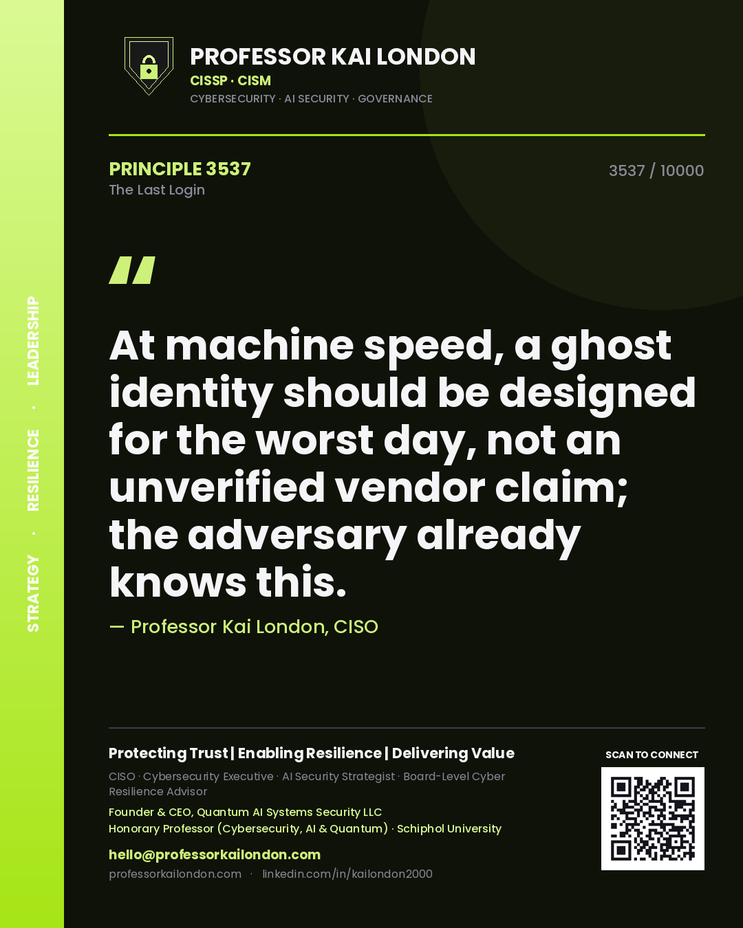 Quote card by Professor Kai London reading 'At machine speed, a ghost identity should be designed for the worst day, not an unverified vendor claim; the adversary already knows this.'. From the book The Last Login.