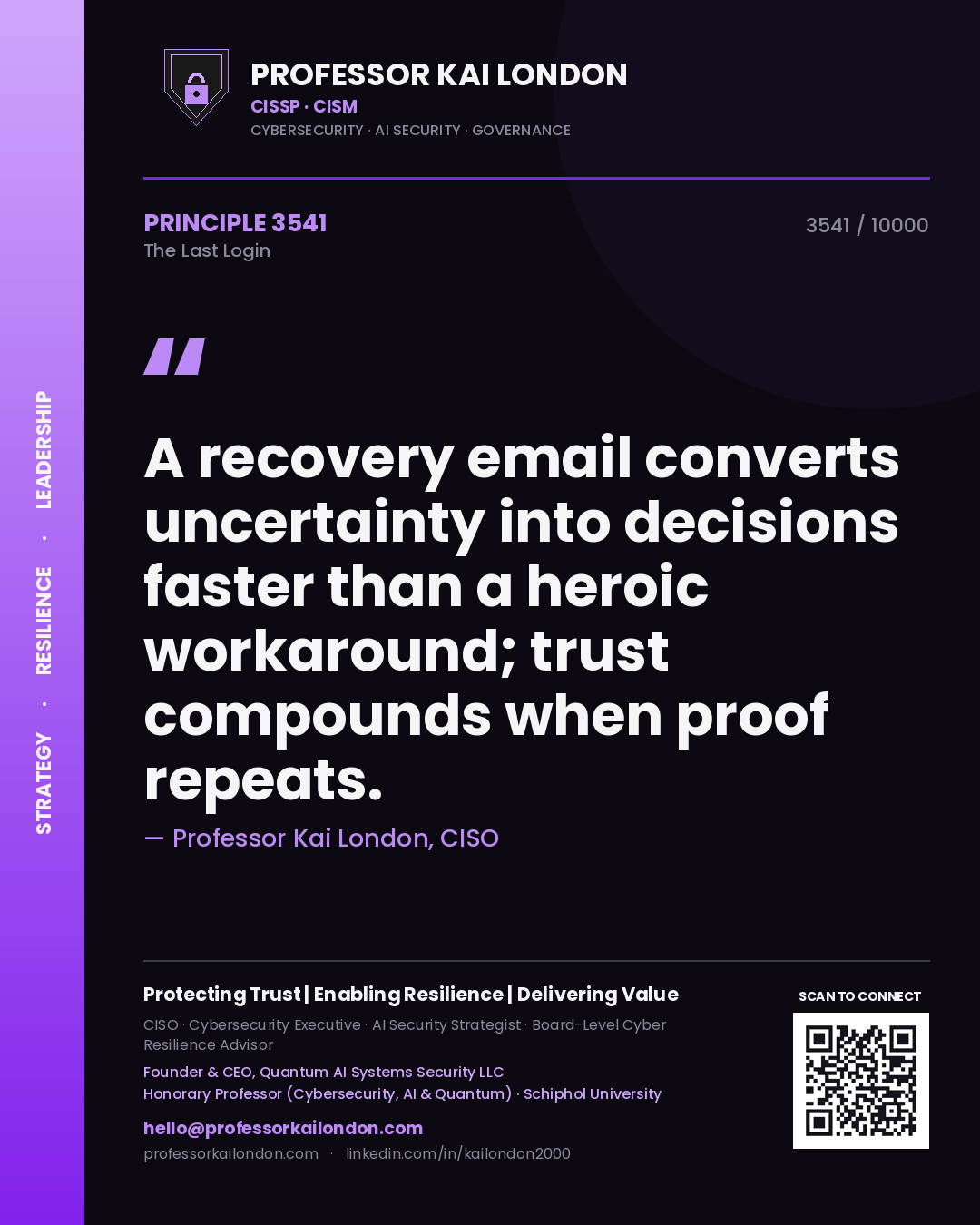 Professor Kai London principle 3541: A recovery email converts uncertainty into decisions faster than a heroic workaround; trust compounds when proof repeats.