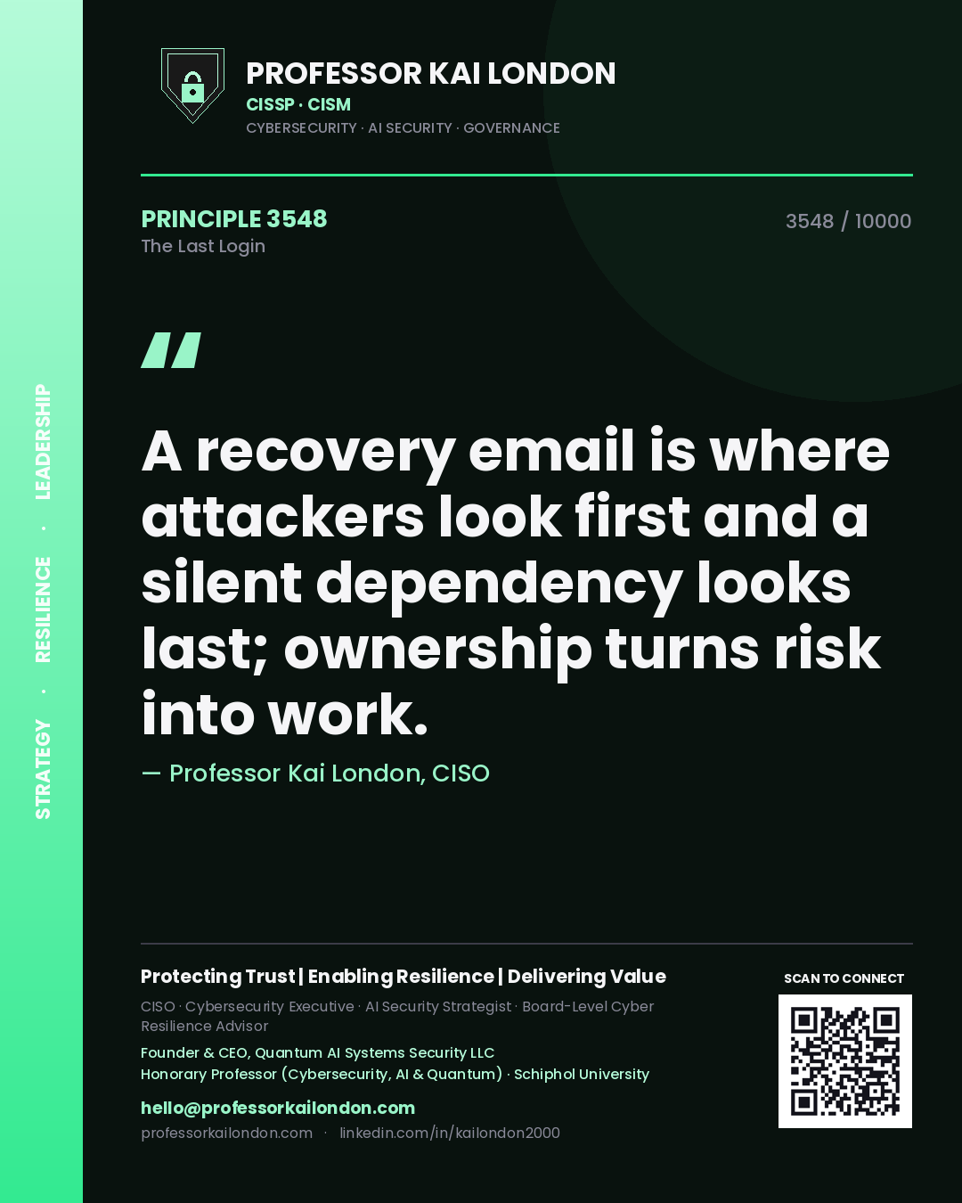 Professor Kai London principle 3548: A recovery email is where attackers look first and a silent dependency looks last; ownership turns risk into work.