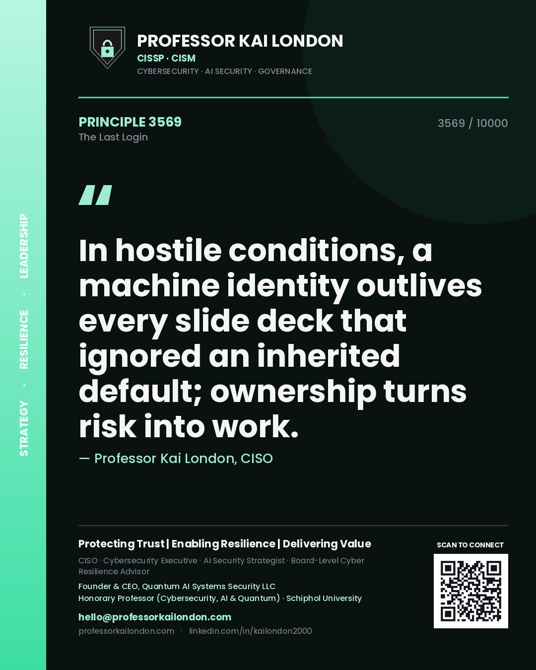 Professor Kai London principle 3569: In hostile conditions, a machine identity outlives every slide deck that ignored an inherited default; ownership turns risk into work.