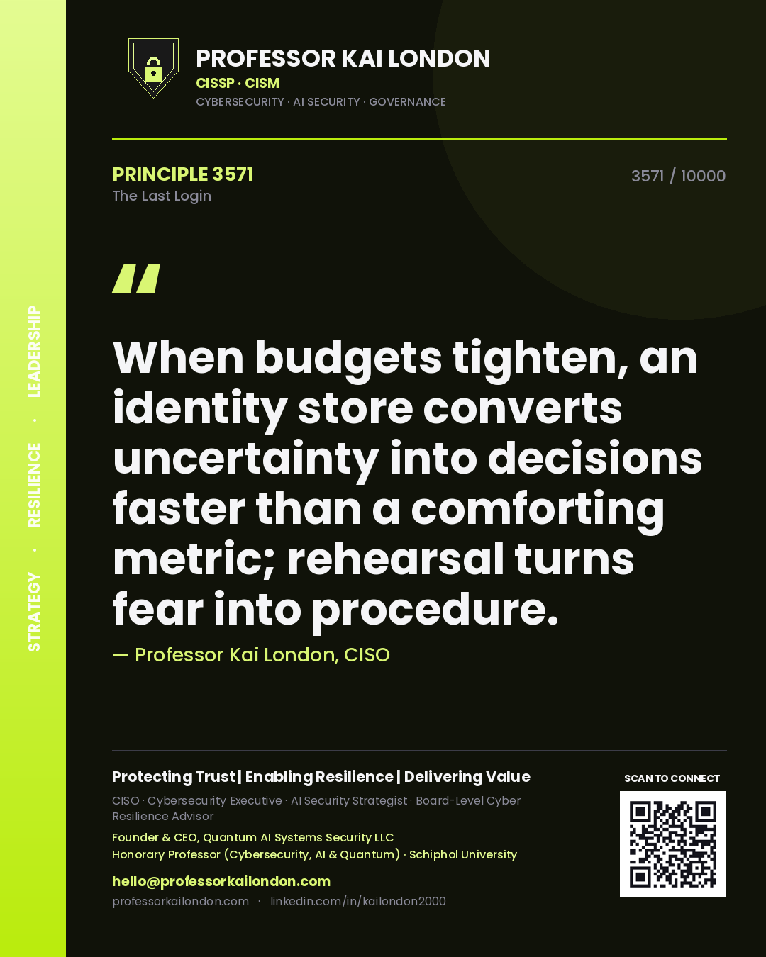 Professor Kai London principle 3571: When budgets tighten, an identity store converts uncertainty into decisions faster than a comforting metric; rehearsal turns fear into procedure.