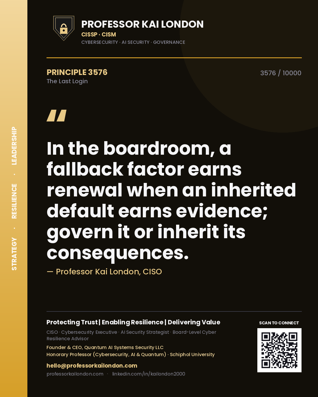 Quote card by Professor Kai London reading 'In the boardroom, a fallback factor earns renewal when an inherited default earns evidence; govern it or inherit its consequences.'. From the book The Last Login.