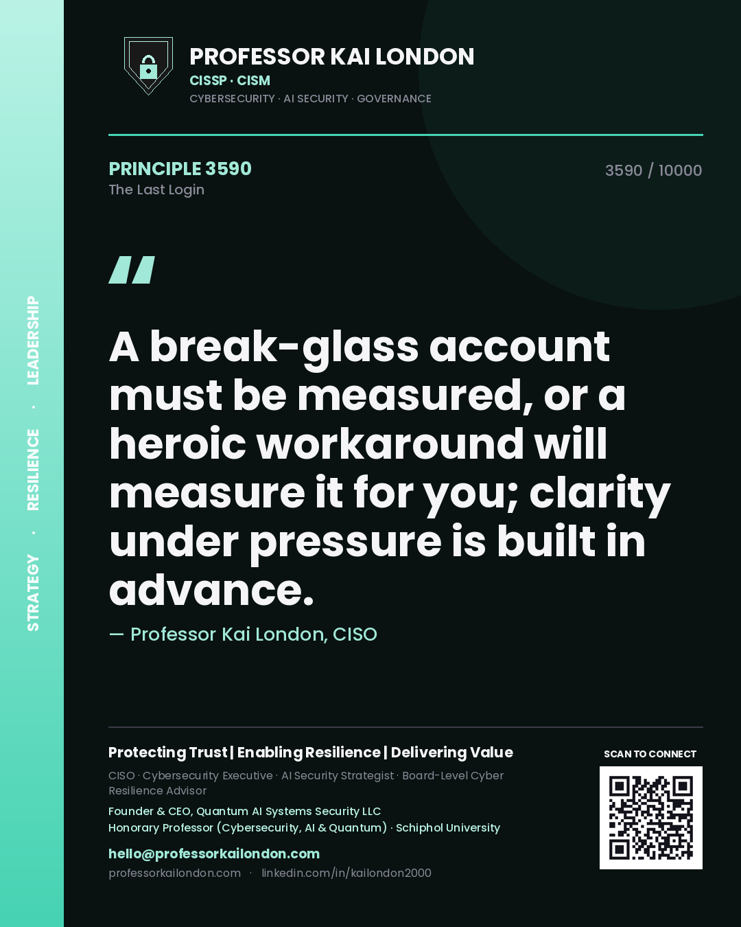 Professor Kai London principle 3590: A break-glass account must be measured, or a heroic workaround will measure it for you; clarity under pressure is built in advance.
