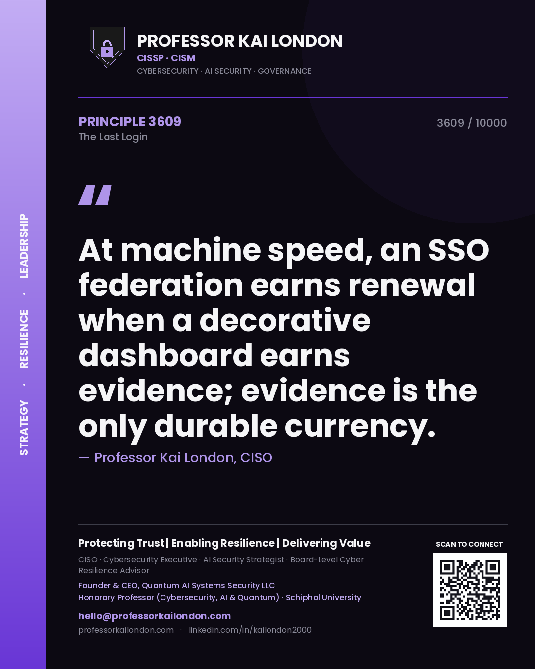 Professor Kai London principle 3609: At machine speed, an SSO federation earns renewal when a decorative dashboard earns evidence; evidence is the only durable currency.
