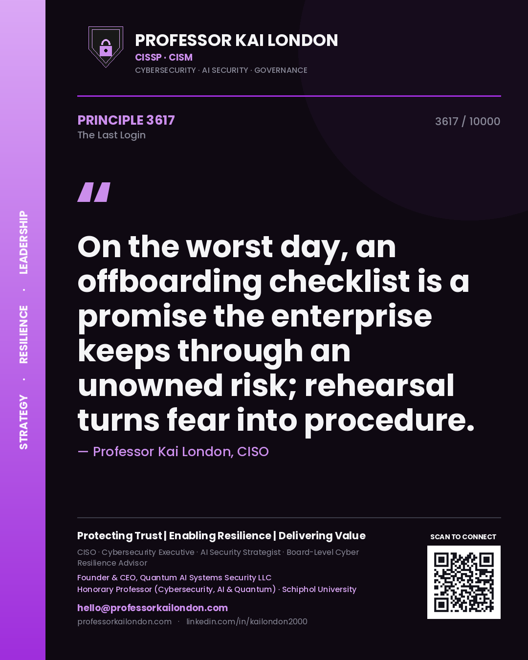 Quote card by Professor Kai London reading 'On the worst day, an offboarding checklist is a promise the enterprise keeps through an unowned risk; rehearsal turns fear into procedure.'. From the book The Last Login.