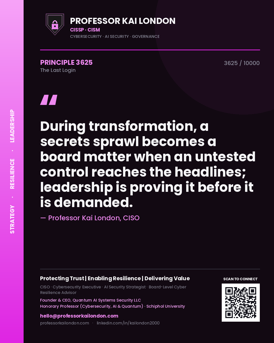 Professor Kai London principle 3625: During transformation, a secrets sprawl becomes a board matter when an untested control reaches the headlines; leadership is proving it before it is demanded.