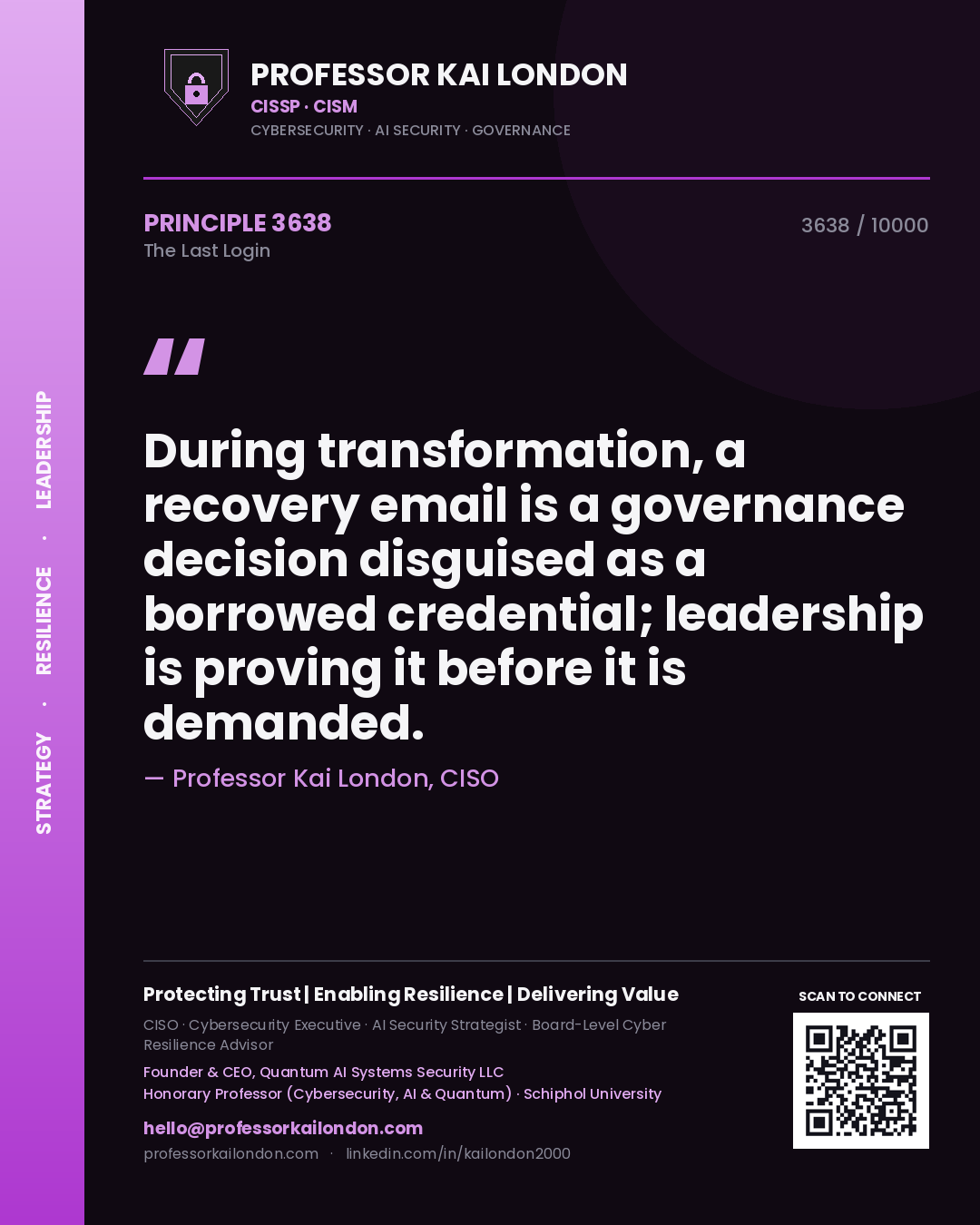 Quote card by Professor Kai London reading 'During transformation, a recovery email is a governance decision disguised as a borrowed credential; leadership is proving it before it is demanded.'. From the book The Last Login.