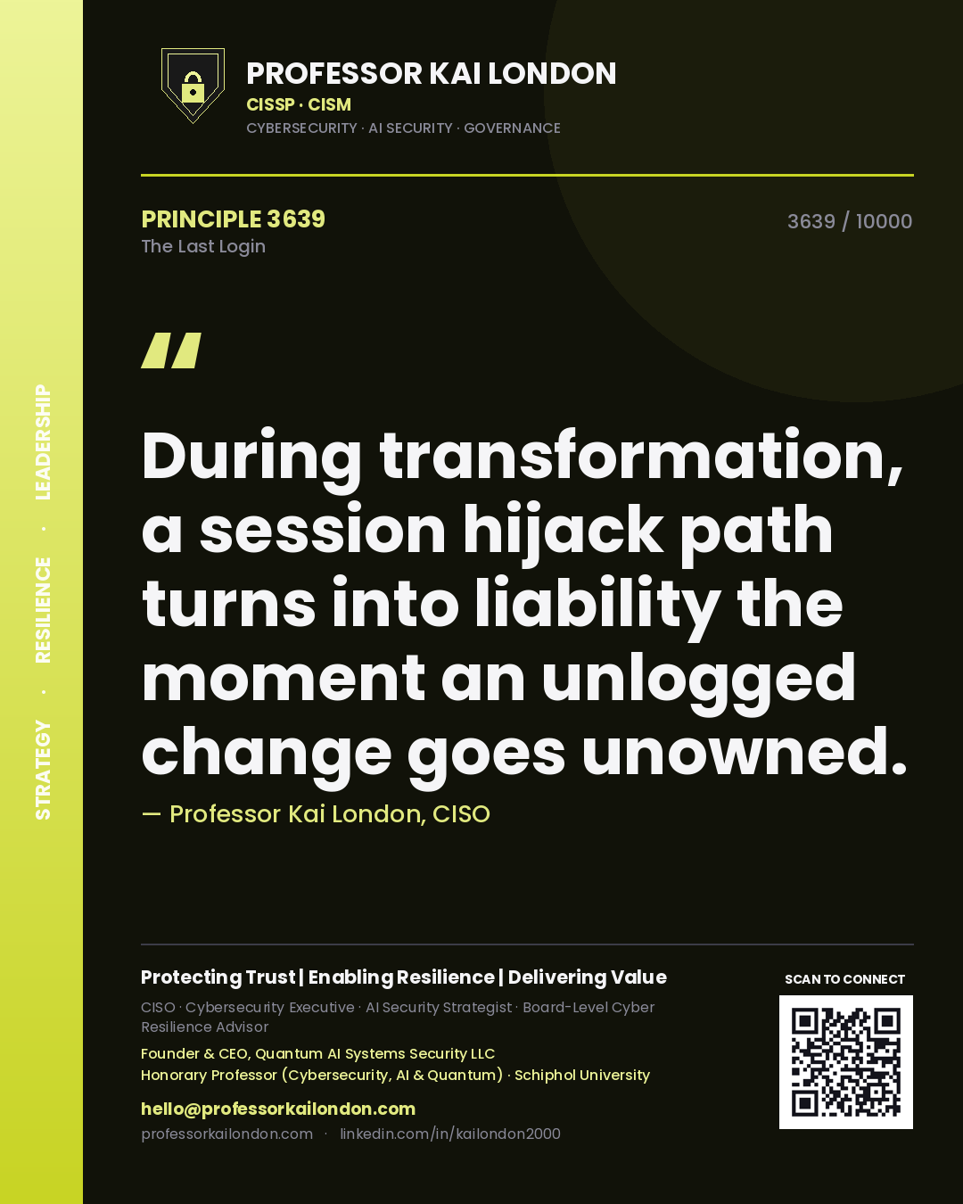 Quote card by Professor Kai London reading 'During transformation, a session hijack path turns into liability the moment an unlogged change goes unowned.'. From the book The Last Login.