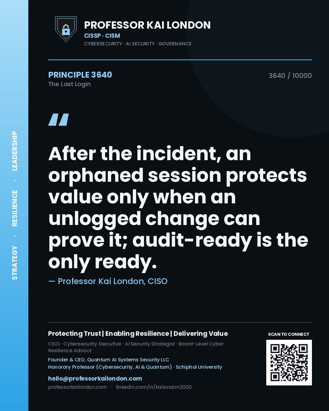 Professor Kai London principle 3640: After the incident, an orphaned session protects value only when an unlogged change can prove it; audit-ready is the only ready.