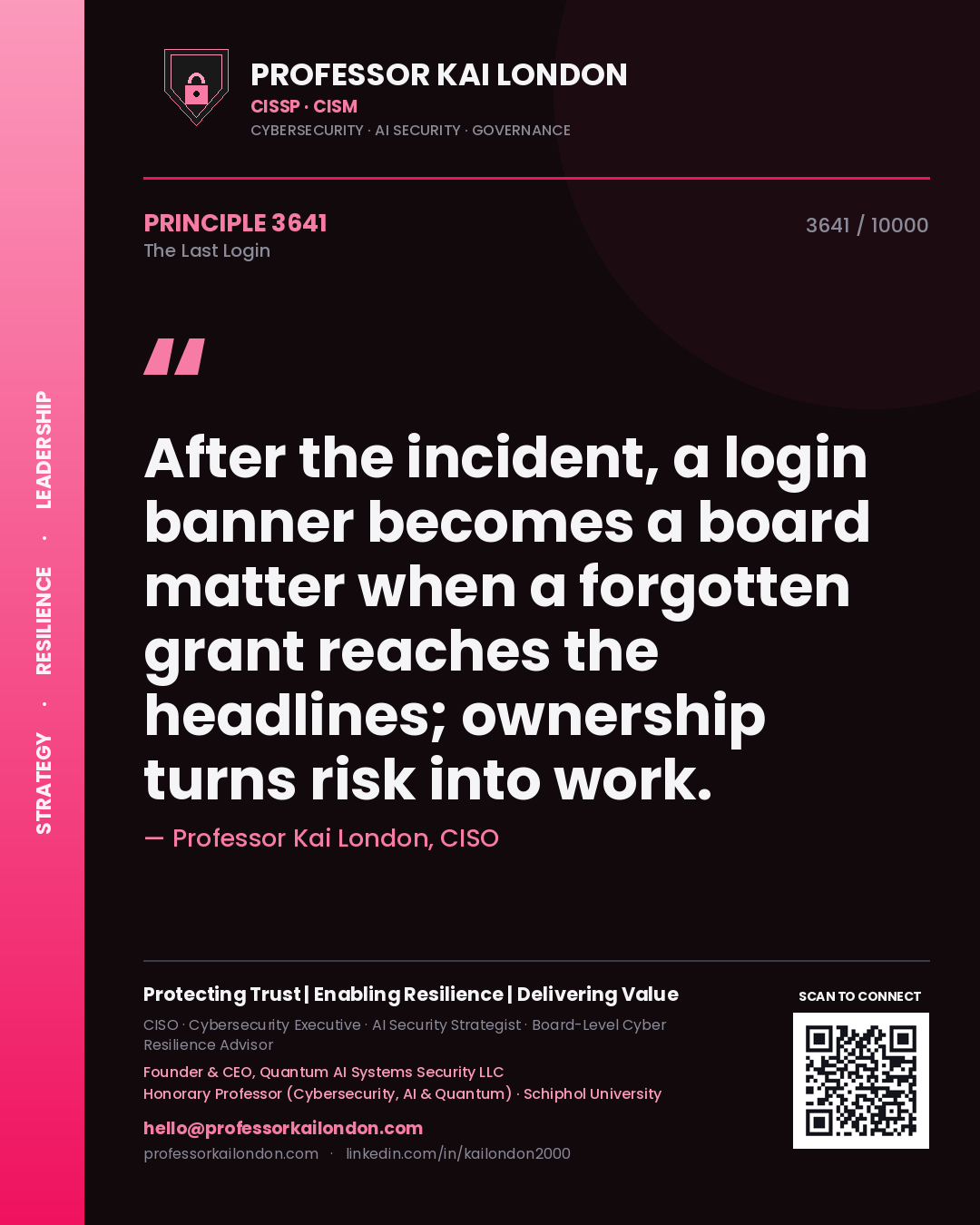 Quote card by Professor Kai London reading 'After the incident, a login banner becomes a board matter when a forgotten grant reaches the headlines; ownership turns risk into work.'. From the book The Last Login.