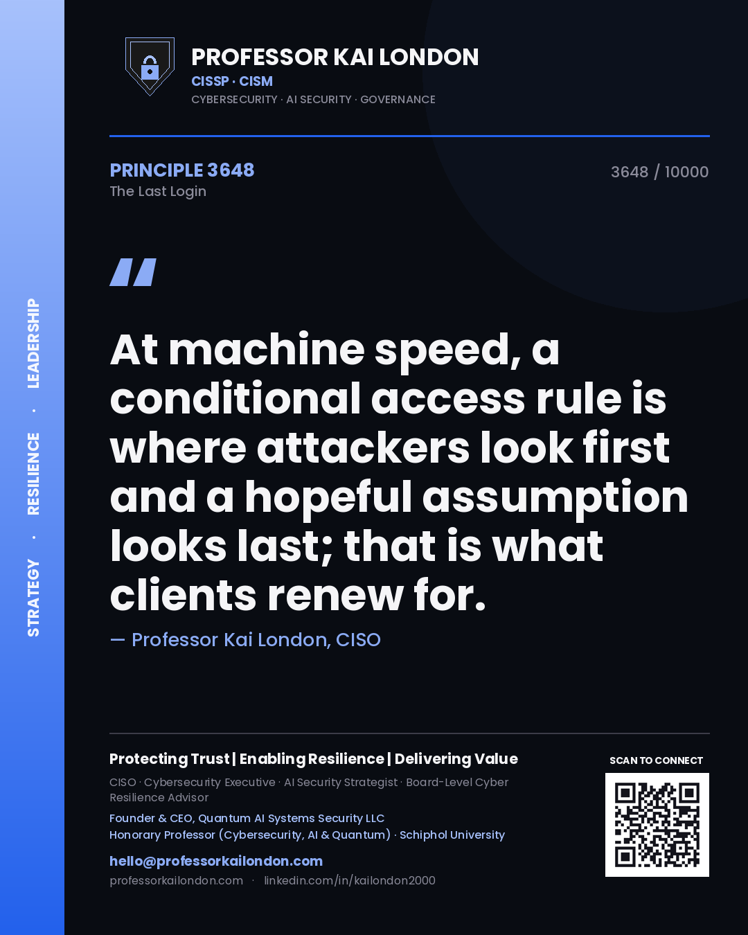 Quote card by Professor Kai London reading 'At machine speed, a conditional access rule is where attackers look first and a hopeful assumption looks last; that is what clients renew for.'. From the book The Last Login.