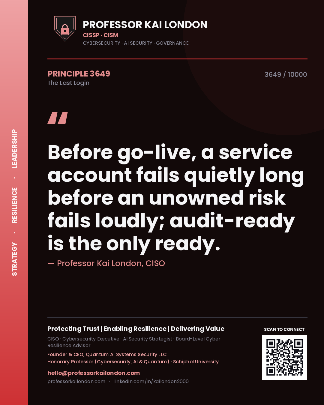 Professor Kai London principle 3649: Before go-live, a service account fails quietly long before an unowned risk fails loudly; audit-ready is the only ready.