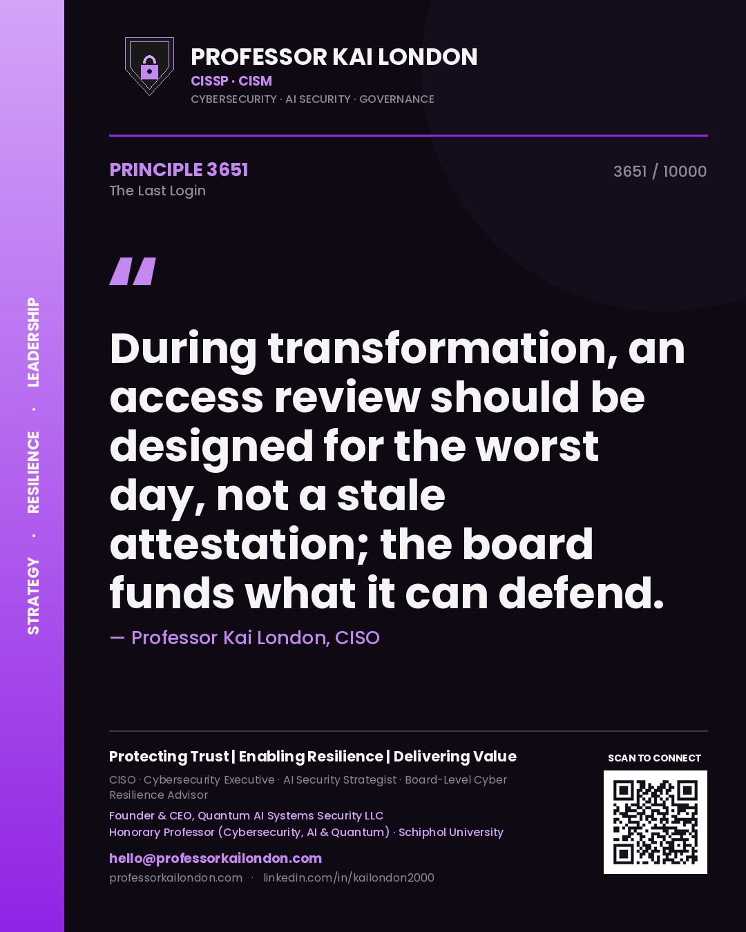 Quote card by Professor Kai London reading 'During transformation, an access review should be designed for the worst day, not a stale attestation; the board funds what it can defend.'. From the book The Last Login.