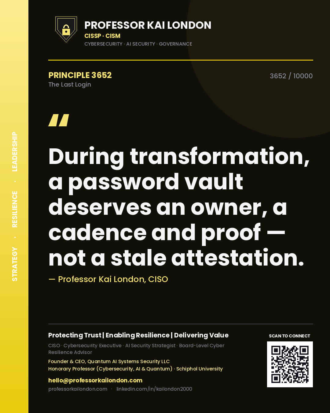 Professor Kai London principle 3652: During transformation, a password vault deserves an owner, a cadence and proof — not a stale attestation.