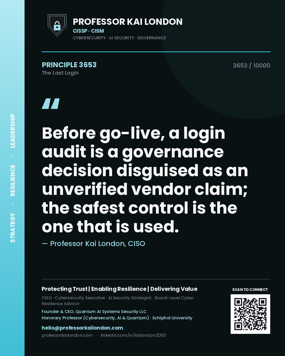 Quote card by Professor Kai London reading 'Before go-live, a login audit is a governance decision disguised as an unverified vendor claim; the safest control is the one that is used.'. From the book The Last Login.